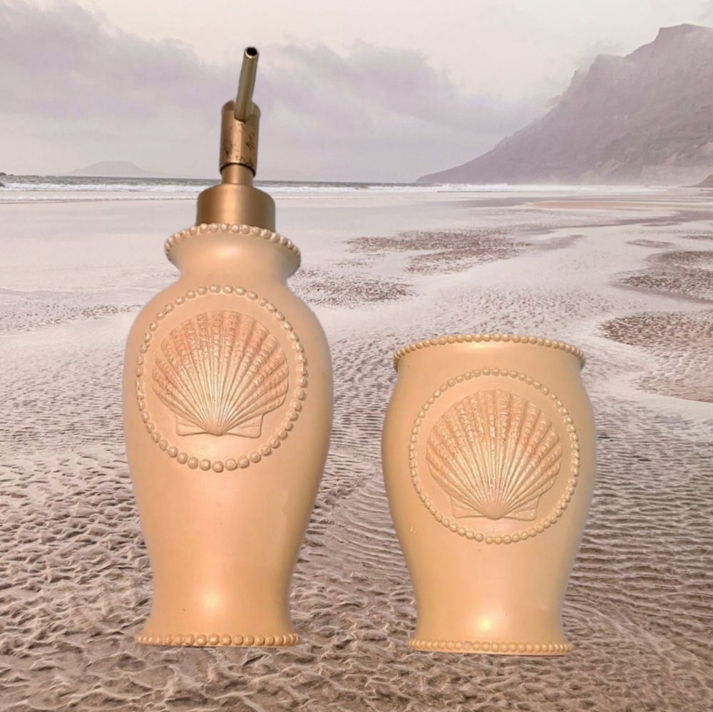 Pearlescent Opal Seashell Soap Dispenser & Cup